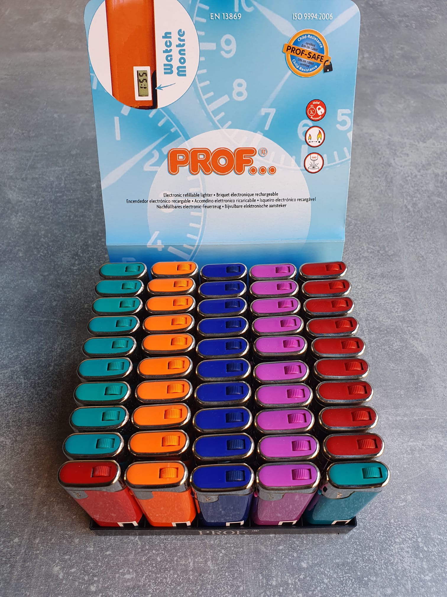 PROF Electronic Lighter – Elektronik-Feuerzeuge im Display (50 Stück, bunt)