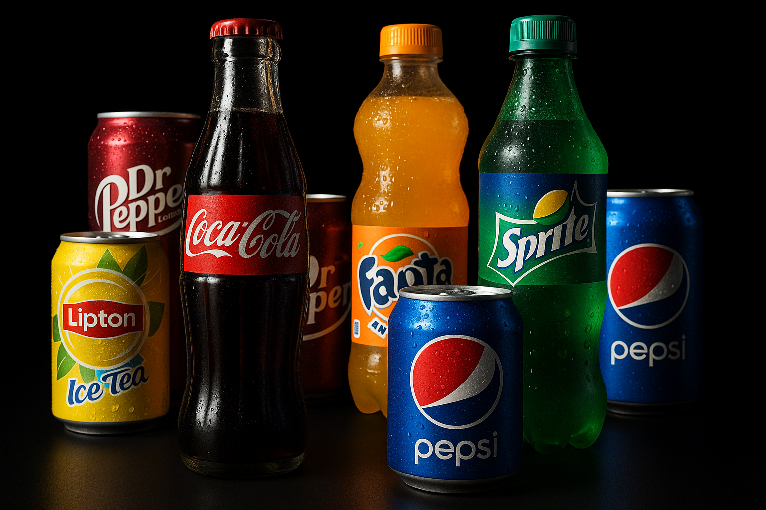 Famous beverage bottles and cans, in the style of a Cinema 4D render, 8K resolution, with realistic high-contrast lighting between light and shadow. Keep the background pure black, emphasize strong 3D depth, sharp details, and realistic reflections.