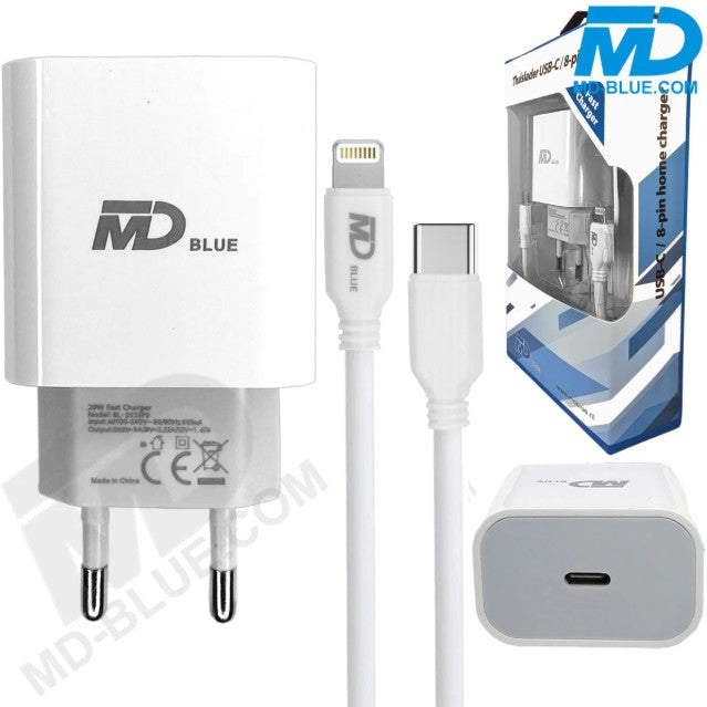 MD-Blue USB-C Ladegerät 20W + Lightning Kabel – Schnelllade-Set für iPhone & iPad