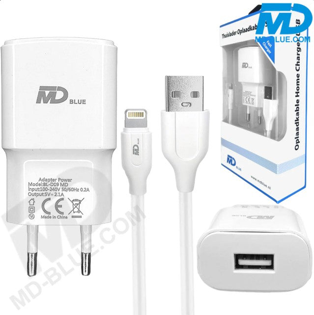 MD-Blue USB Ladegerät 2.1A + Lightning Kabel – Netzteil-Set für iPhone & iPad
