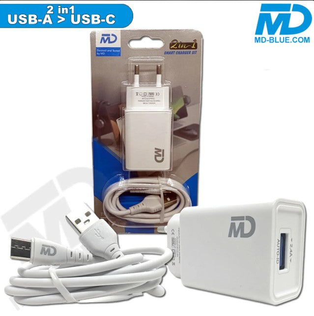 MD-Blue 2-in-1 Ladegerät Set – USB-A Ladeadapter + USB-C Kabel (2.1A)