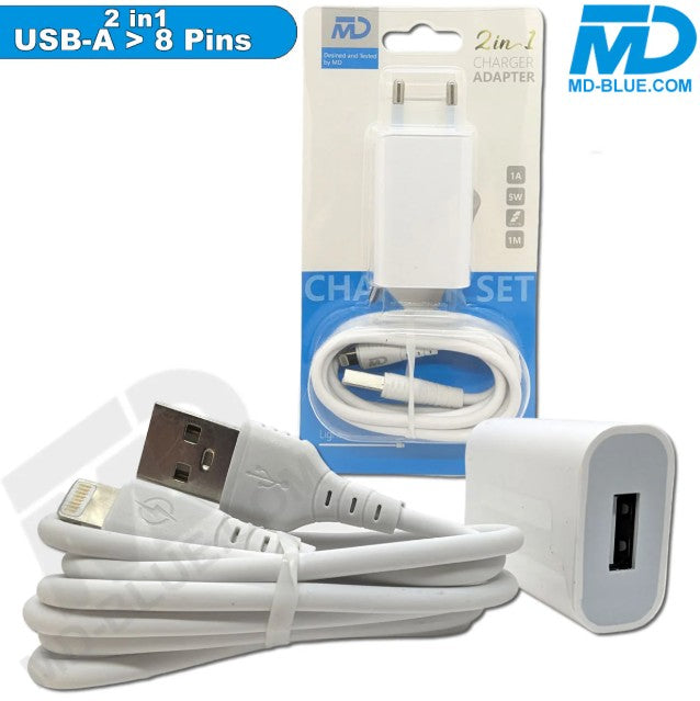 MD-Blue 2-in-1 Ladeadapter USB-A auf 8-Pin inkl. Kabel (1M, 5W)